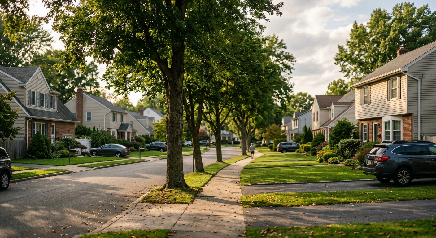 A suburban street of single-family homes on a late summer afternoon.