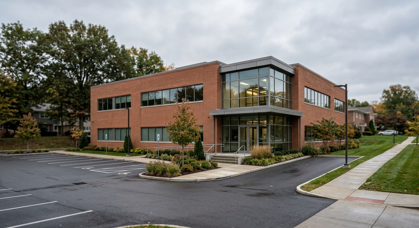 Exterior of a low-rise suburban medical office building with a landscaped entrance on an overcast afternoon.