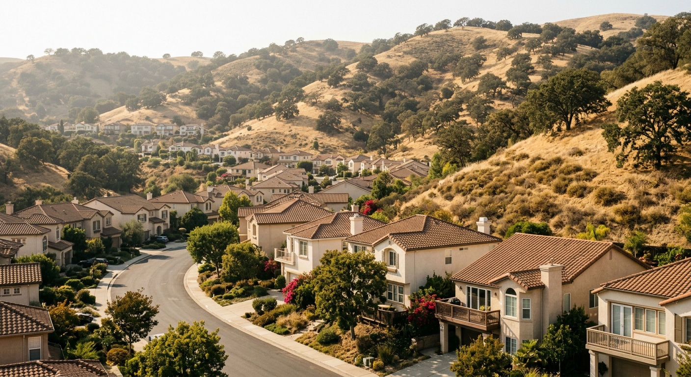Stucco homes on a California hillside backing onto dry brush in hazy afternoon light.