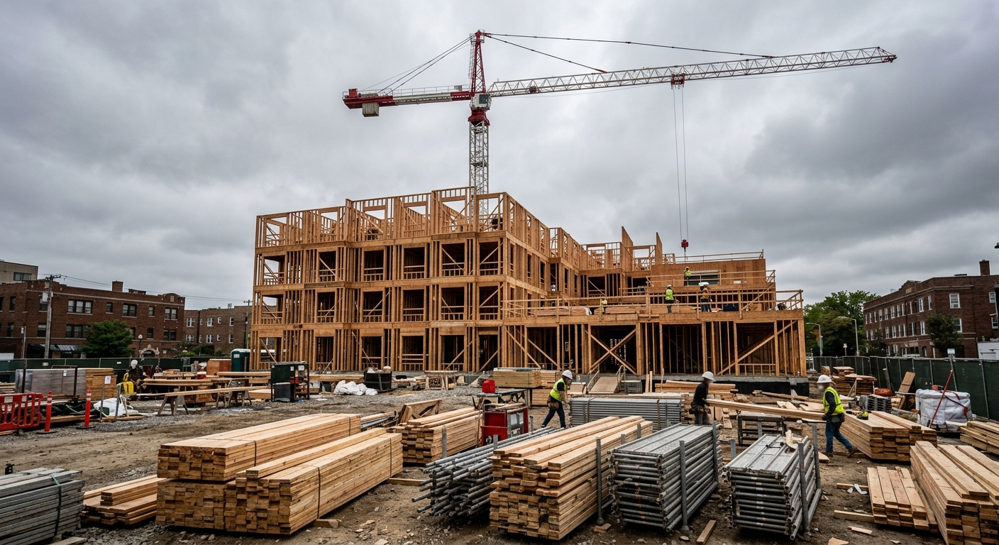 A partially framed multistory apartment building under construction with a tower crane overhead and stacked lumber on the site.