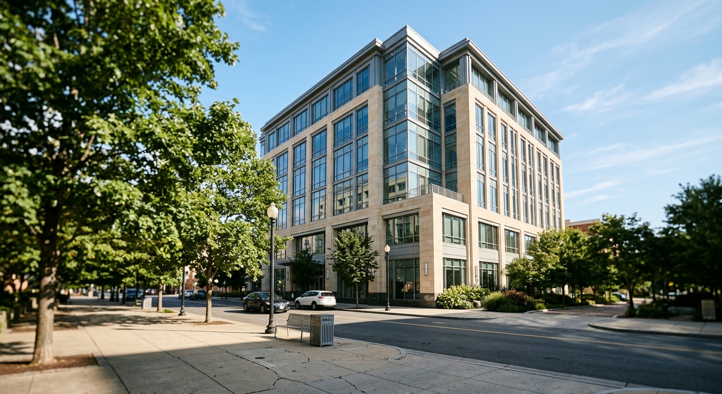 A mid-rise glass and stone office building seen from street level on a clear afternoon.