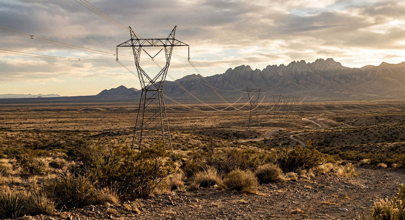 High-voltage transmission towers crossing desert scrubland beneath mountains in southern New Mexico.