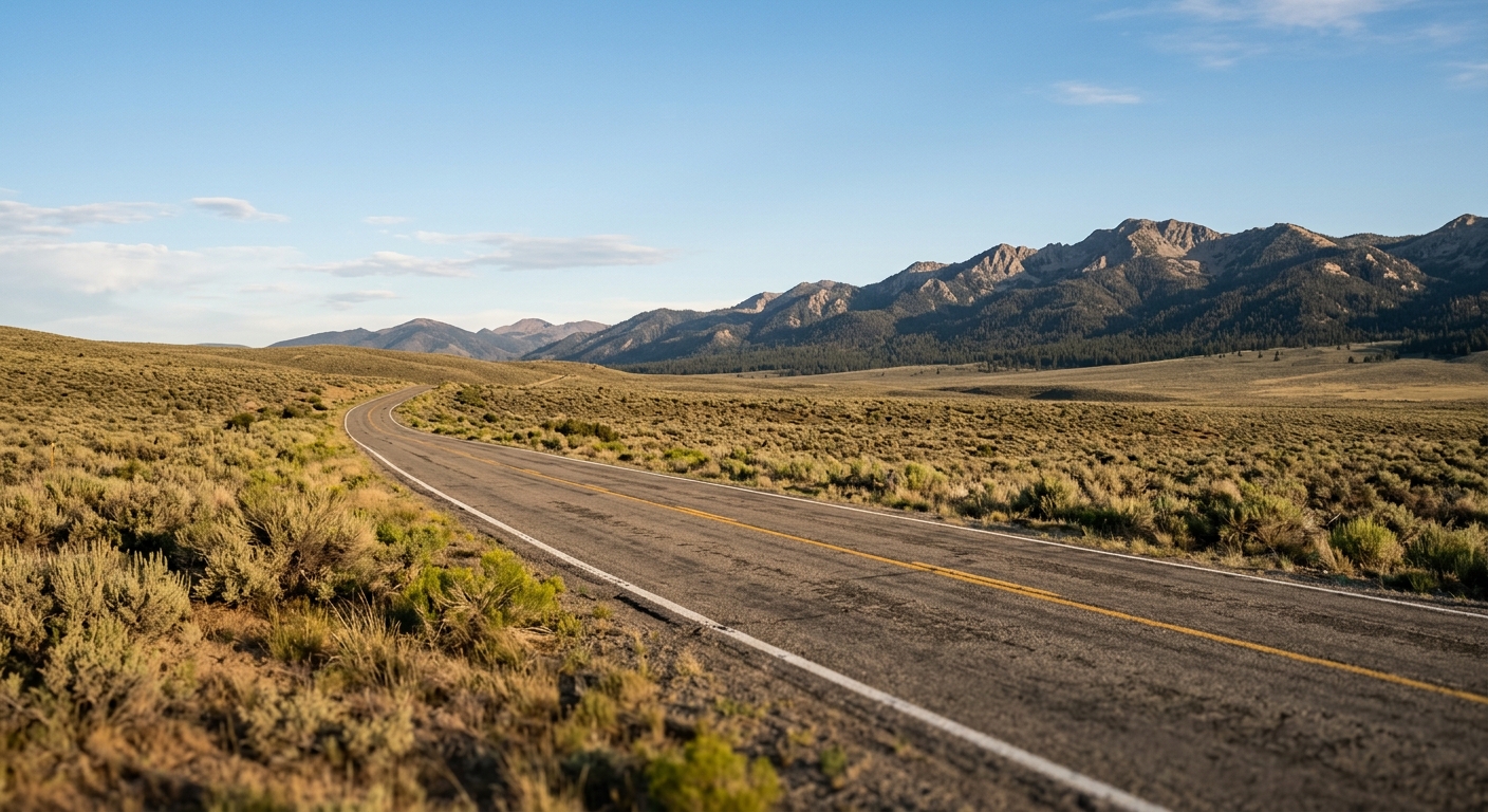 A highway running through high desert toward pine-covered mountains in the late afternoon.