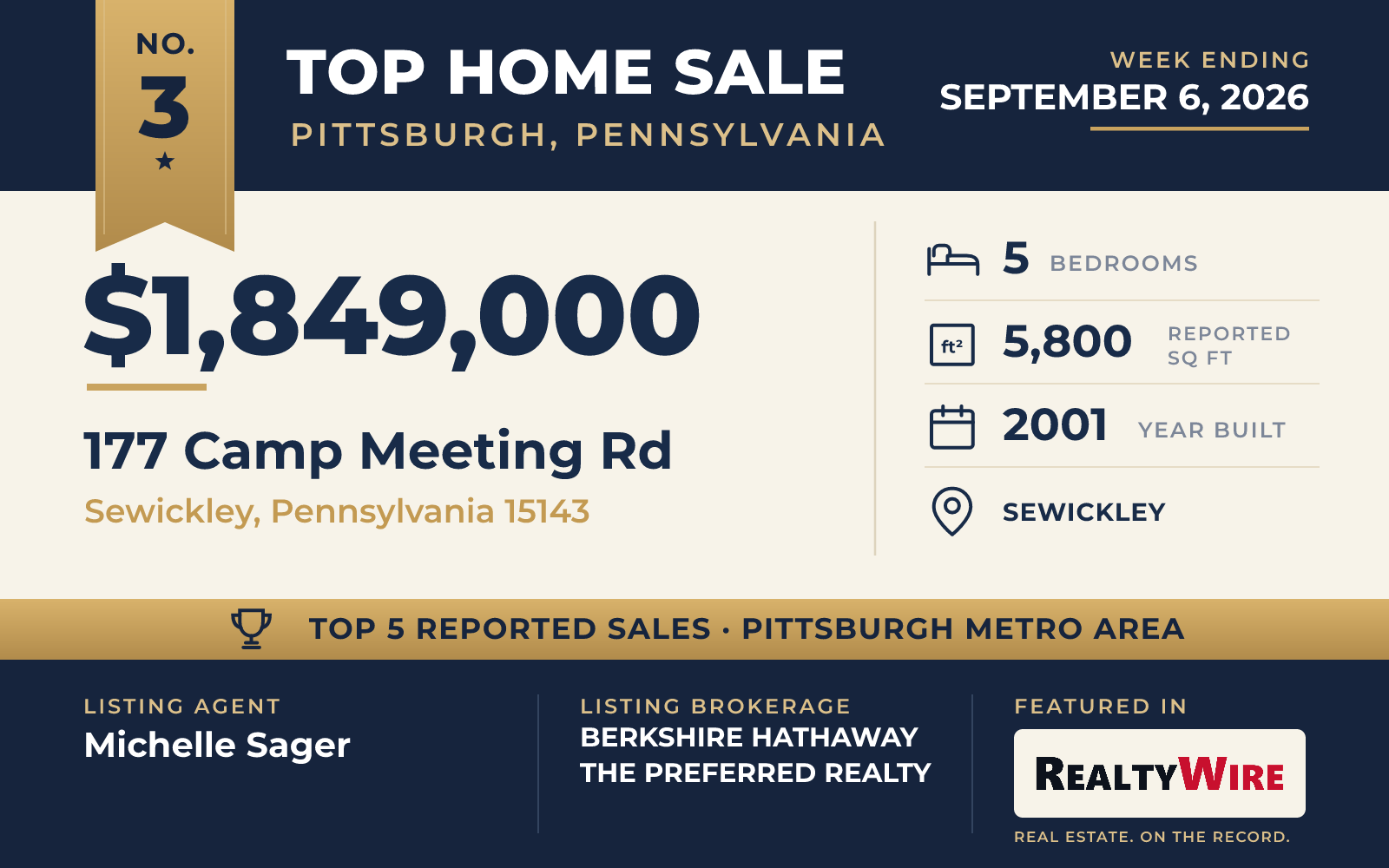 Top home sale No. 3 in the Pittsburgh, Pennsylvania metro area β 177 Camp Meeting Rd, Sewickley, Pennsylvania, week ending September 6, 2026
