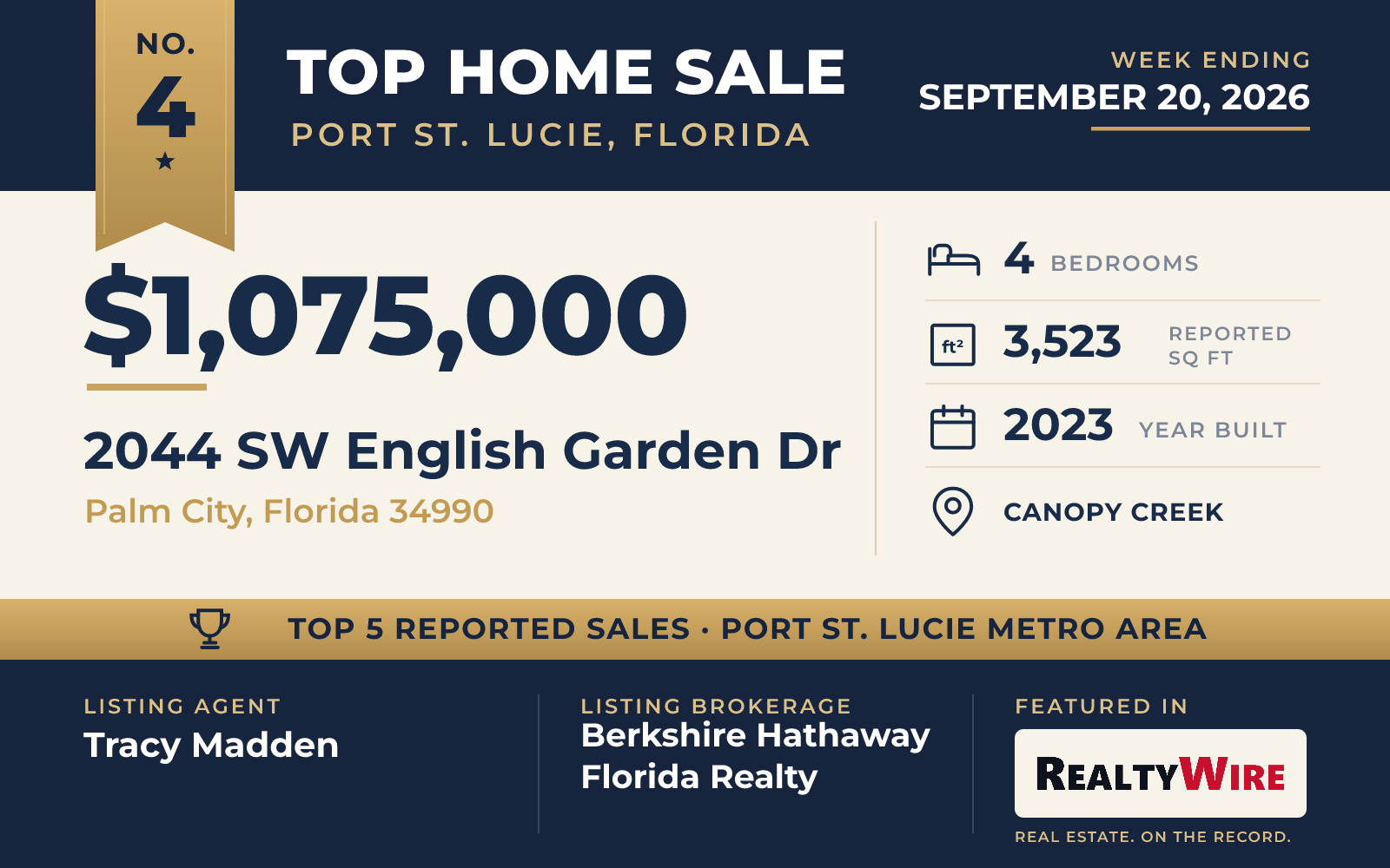 Top home sale No. 4 in the Port St. Lucie, Florida metro area β 2044 SW English Garden Dr, Palm City, Florida, week ending September 20, 2026