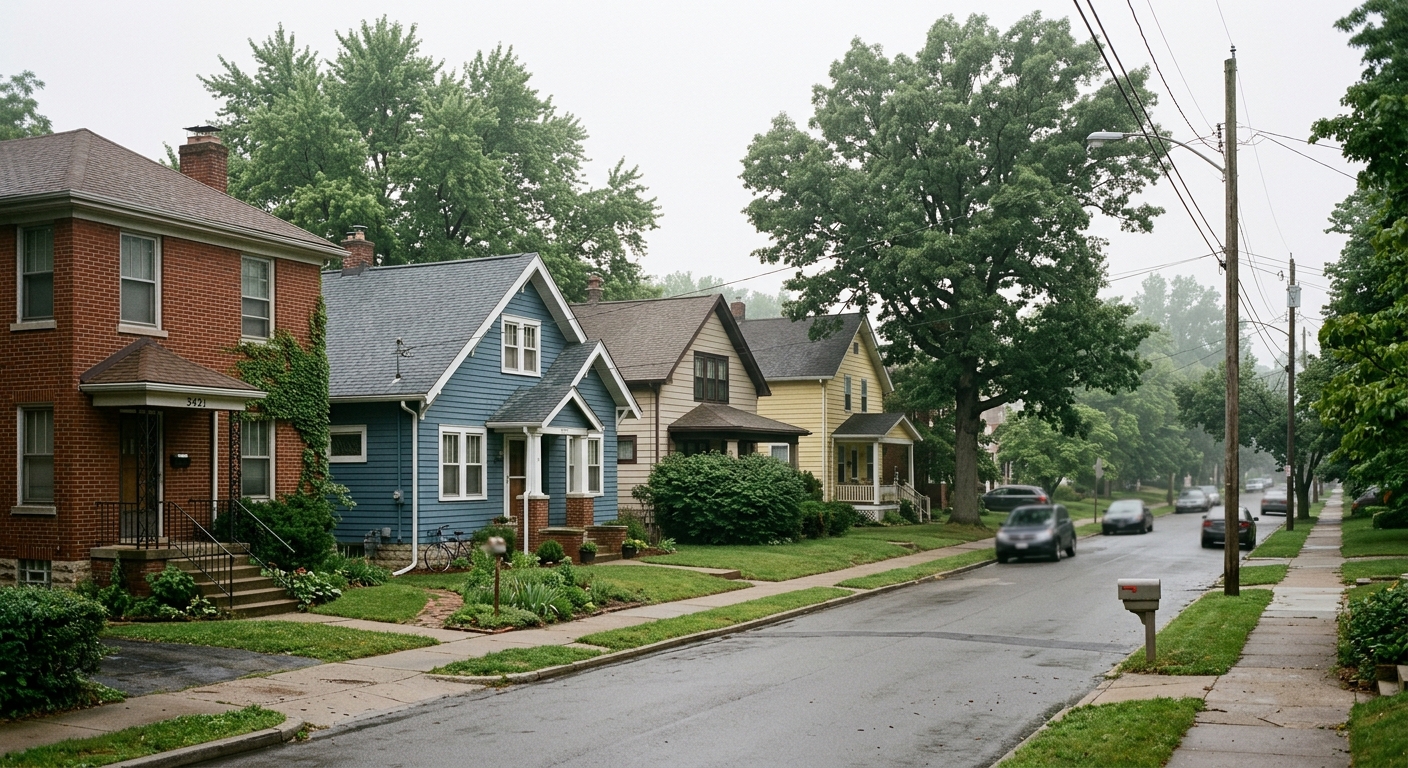 A row of single-family houses along a quiet residential street on an overcast morning.