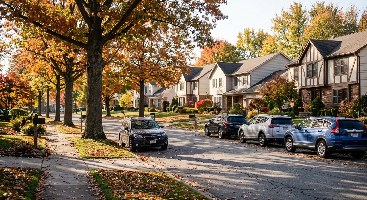 A suburban street of single-family homes on an autumn morning, representing the U.S. mortgage market.