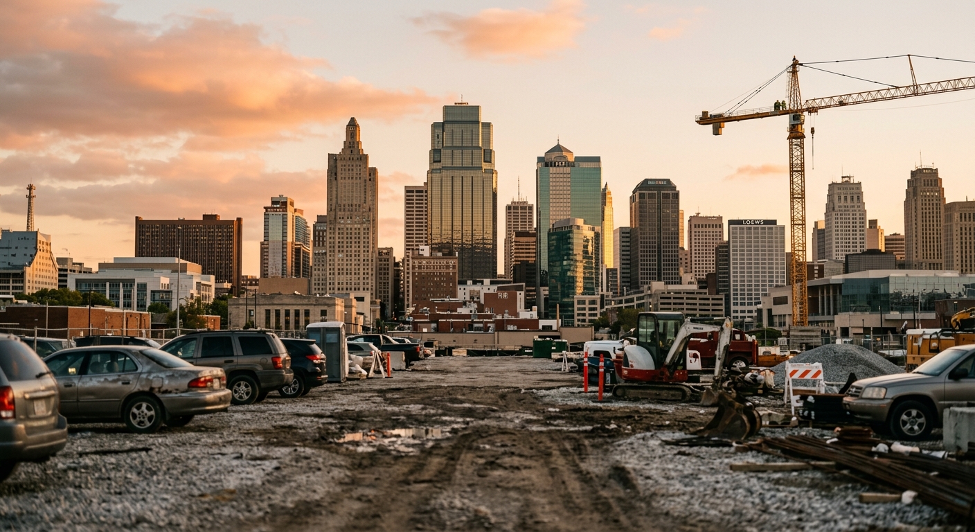 The downtown Kansas City, Missouri skyline rises beyond open ground near Crown Center at golden hour.