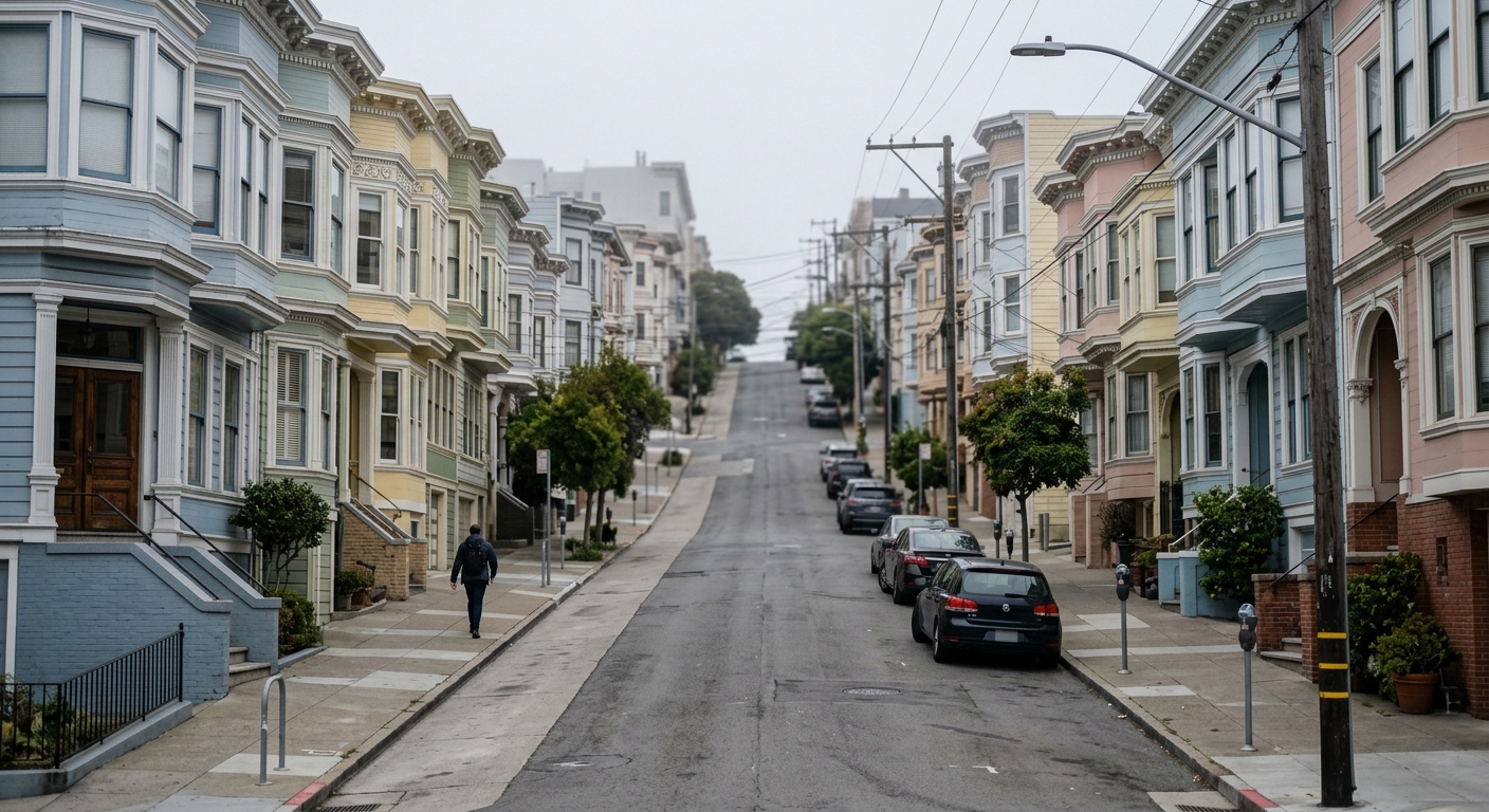 A hilly San Francisco street lined with pastel Victorian apartment buildings under soft morning light.