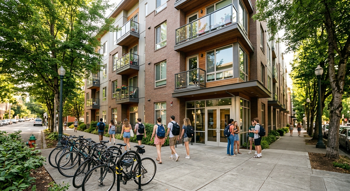 A modern off-campus student apartment building on a tree-lined street near a university campus.