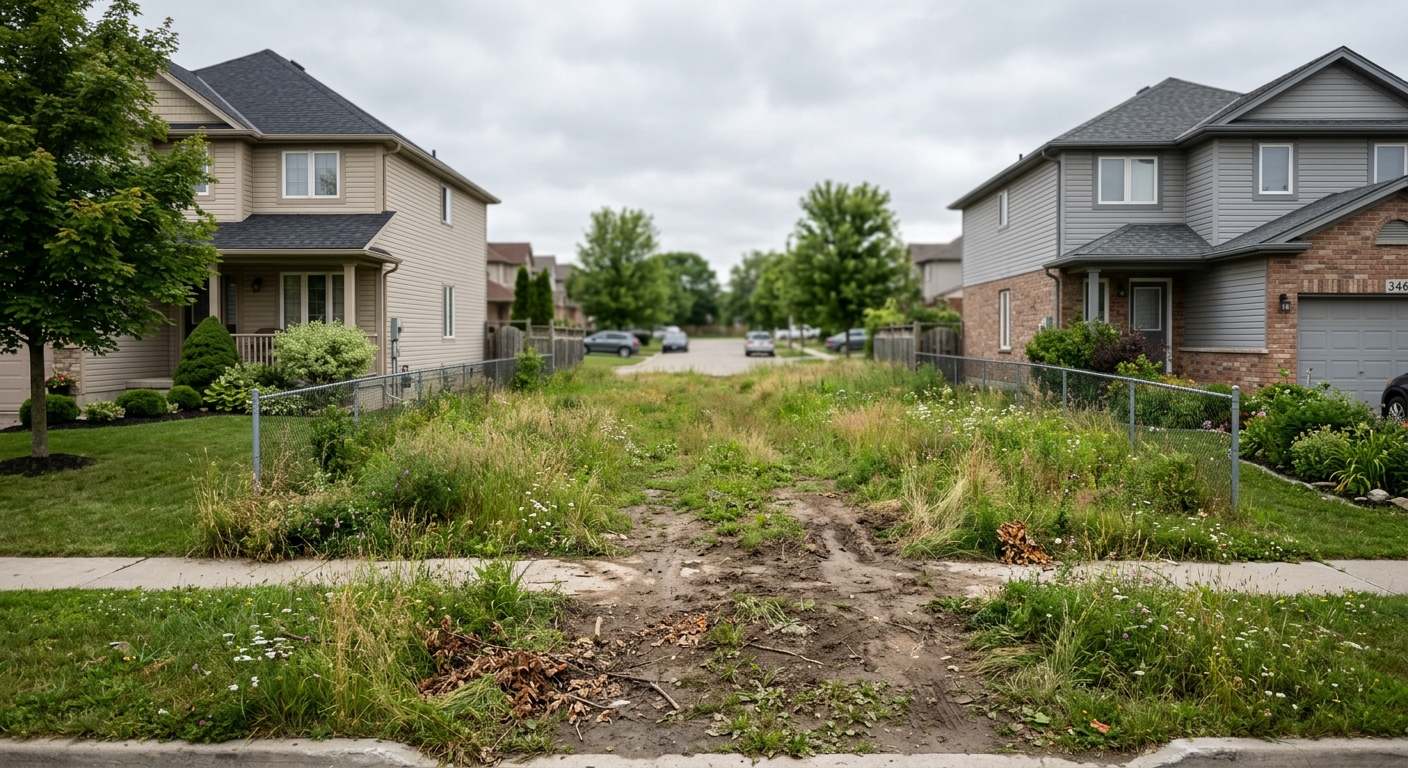 An empty grassy vacant lot between two suburban houses on a quiet street.