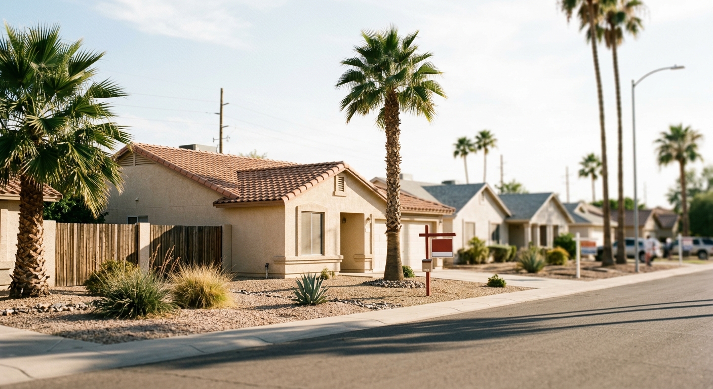 A row of single-family homes along a wide Sun Belt residential street in afternoon light.