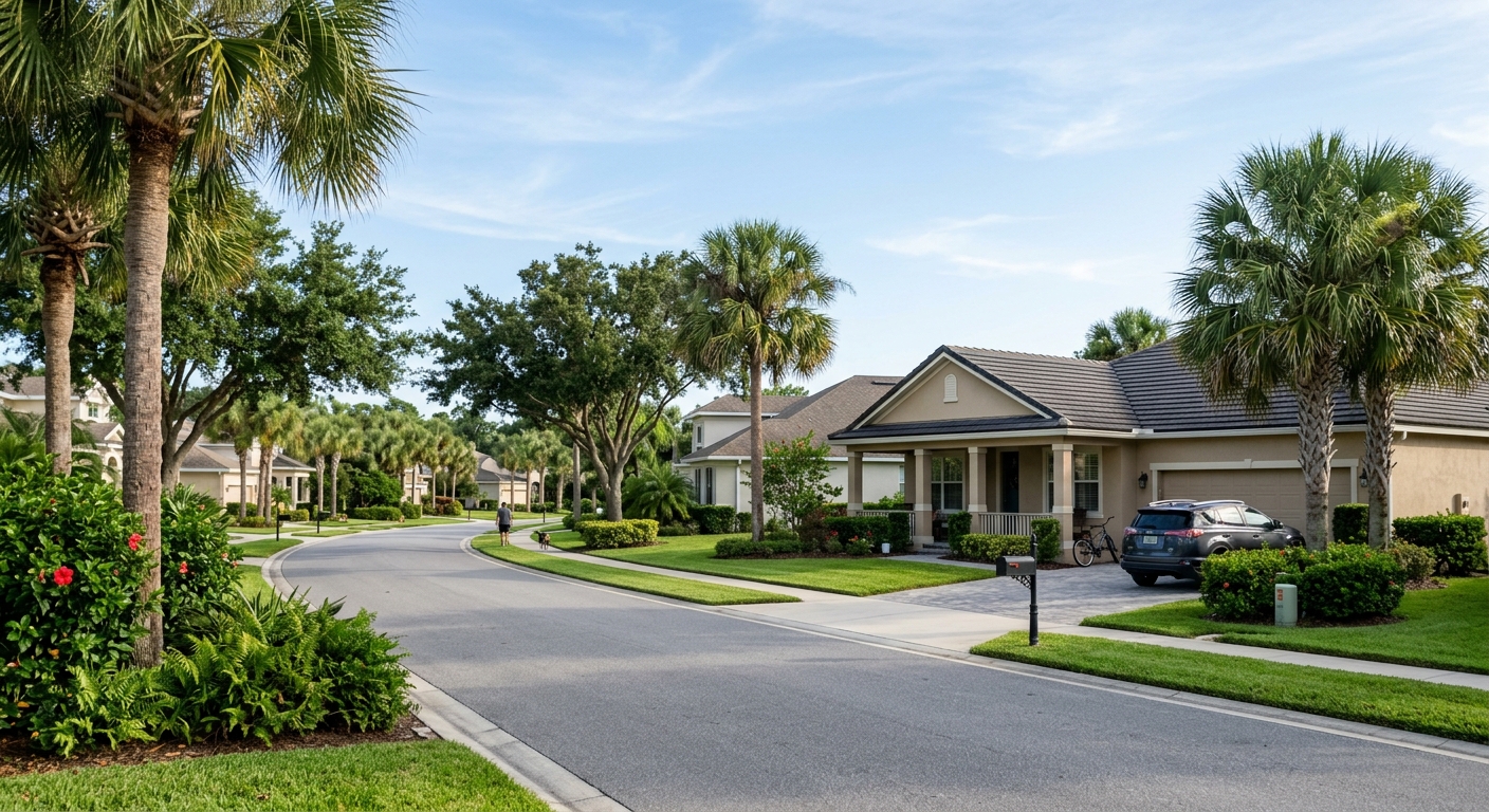 Single-family homes lining a palm-shaded residential street in a northeast Florida suburb.