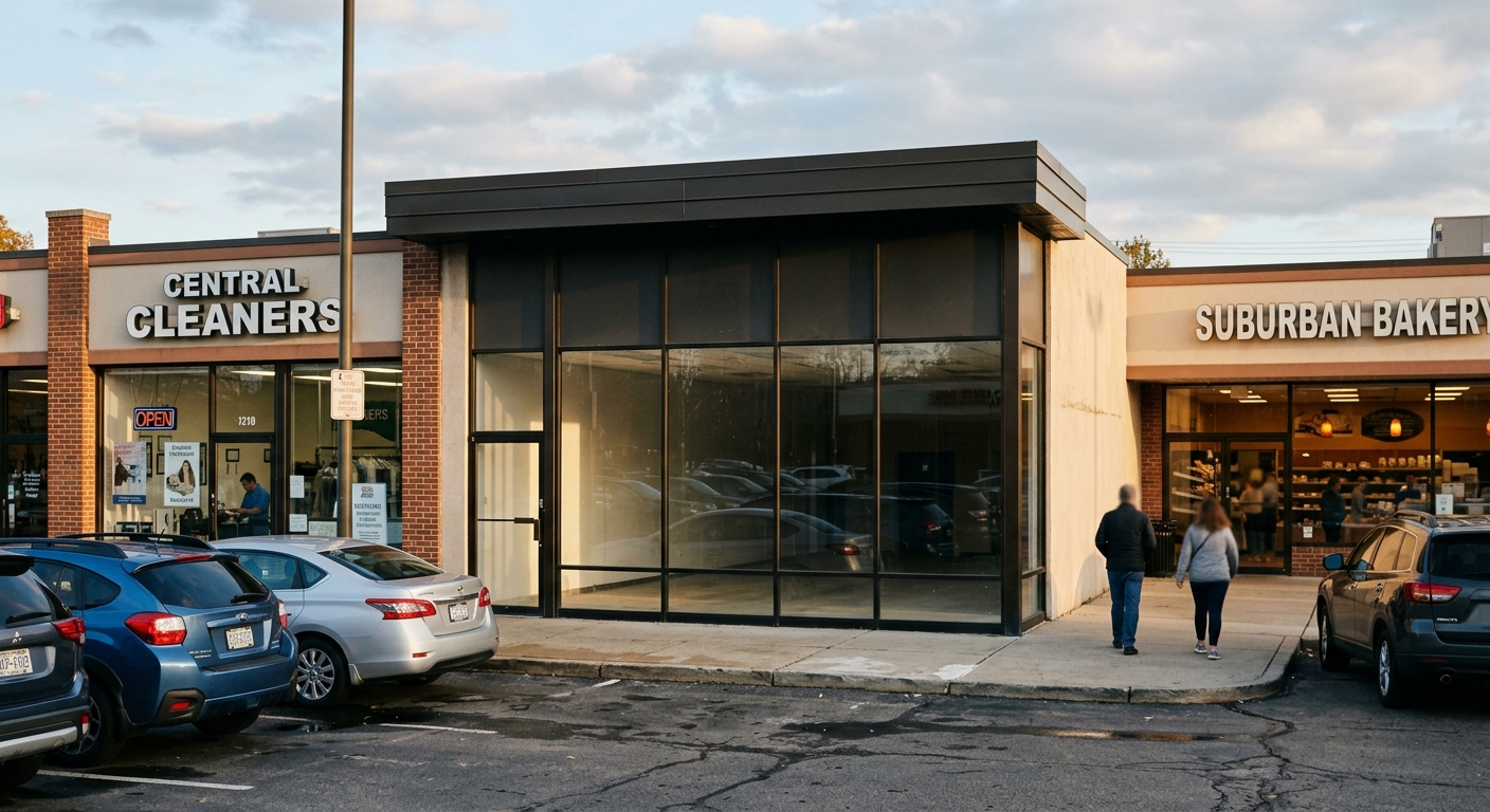 An empty retail storefront with bare windows sits between occupied units in a suburban shopping center.