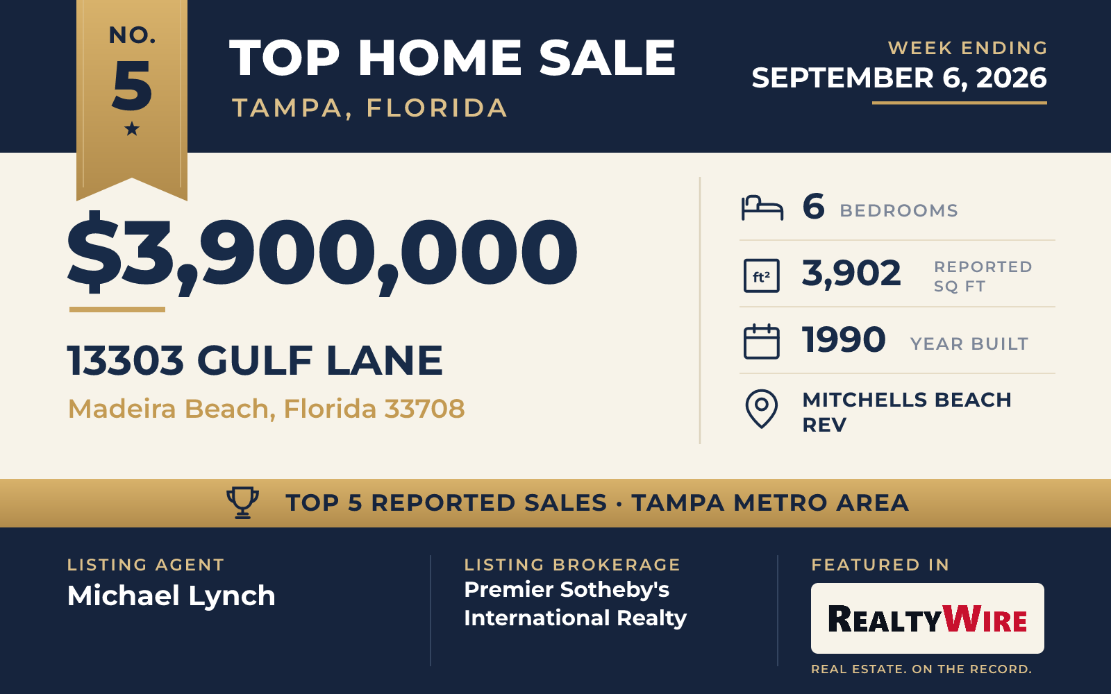 Top home sale No. 5 in the Tampa, Florida metro area — 13303 Gulf Lane, Madeira Beach, Florida, week ending September 6, 2026