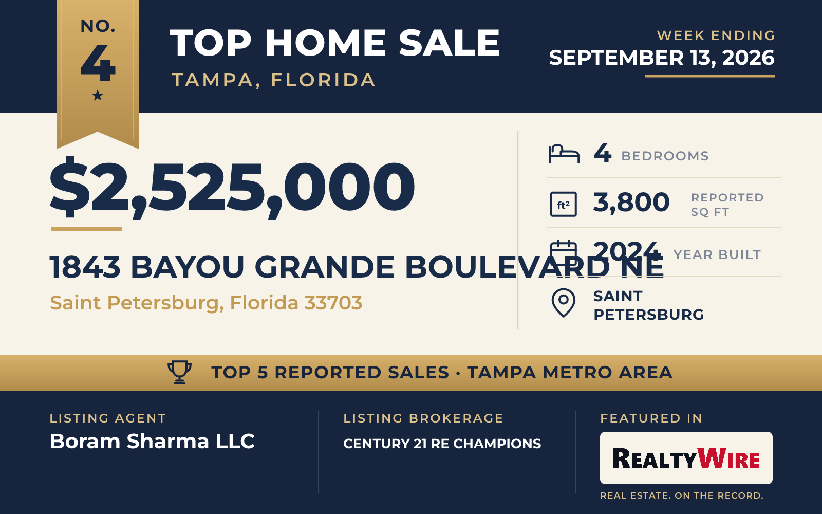 Top home sale No. 4 in the Tampa, Florida metro area β 1843 Bayou Grande Boulevard NE, Saint Petersburg, Florida, week ending September 13, 2026
