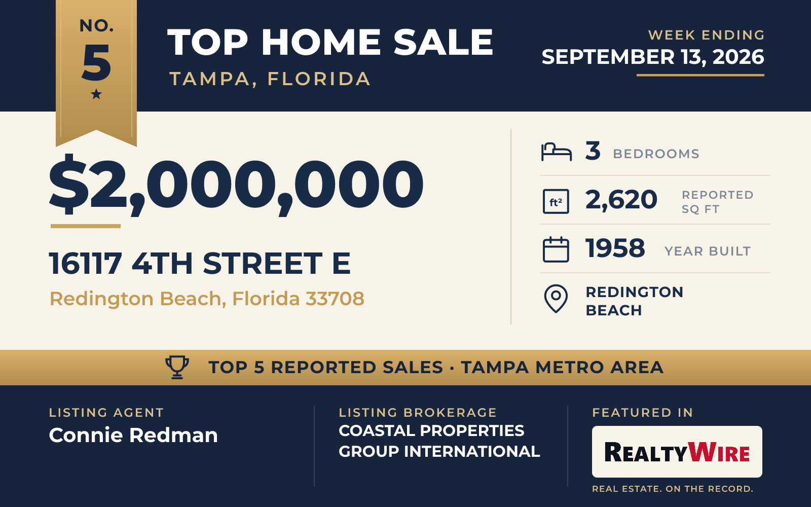 Top home sale No. 5 in the Tampa, Florida metro area β 16117 4th Street E, Redington Beach, Florida, week ending September 13, 2026