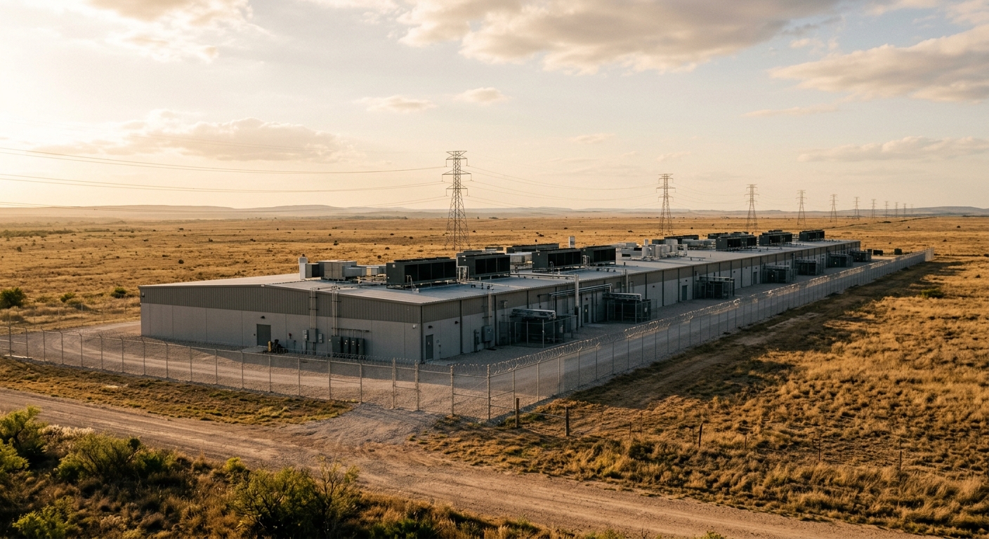 A large data center building on flat open land in Texas with high-voltage transmission lines running past it in late-afternoon light.