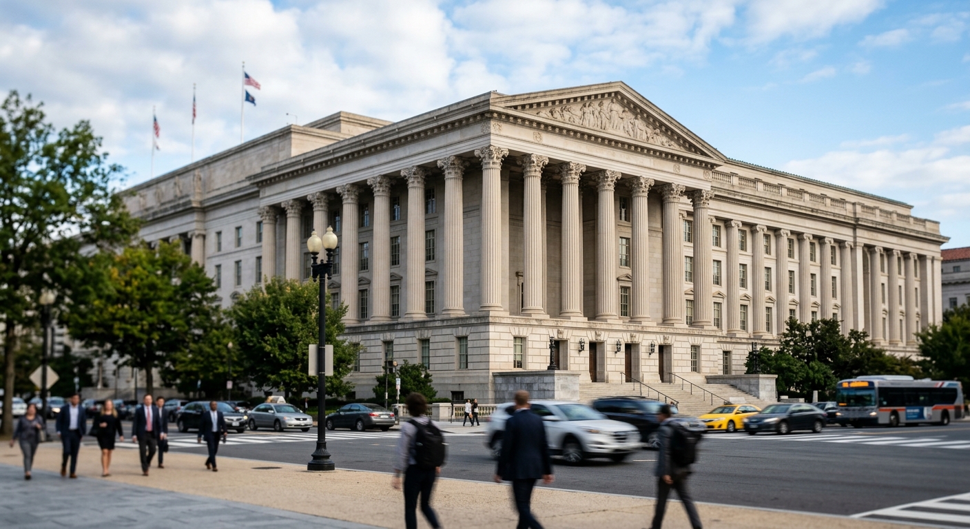 The columned stone facade of a neoclassical federal government building on a clear morning.