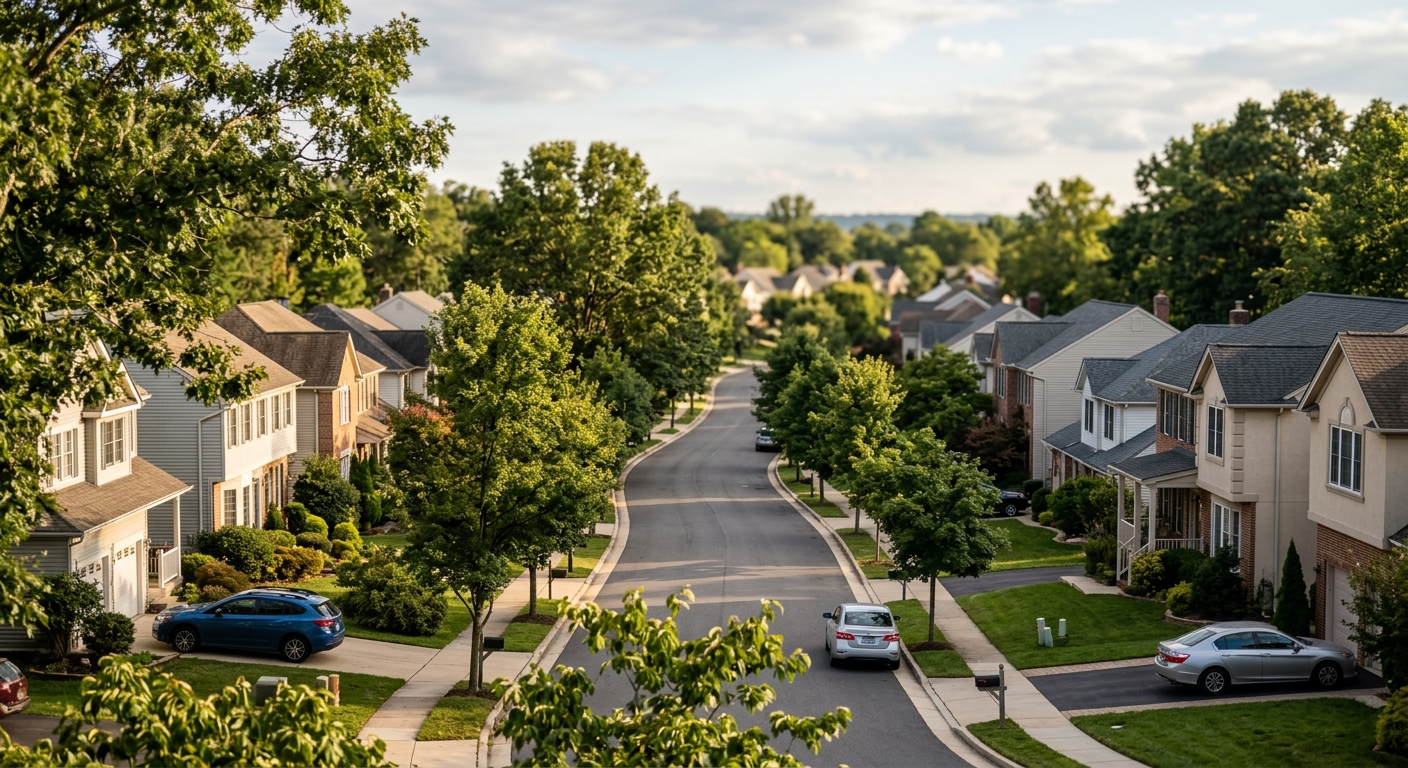 A tree-lined American suburban neighborhood of single-family homes seen from a slight elevation in late afternoon light.