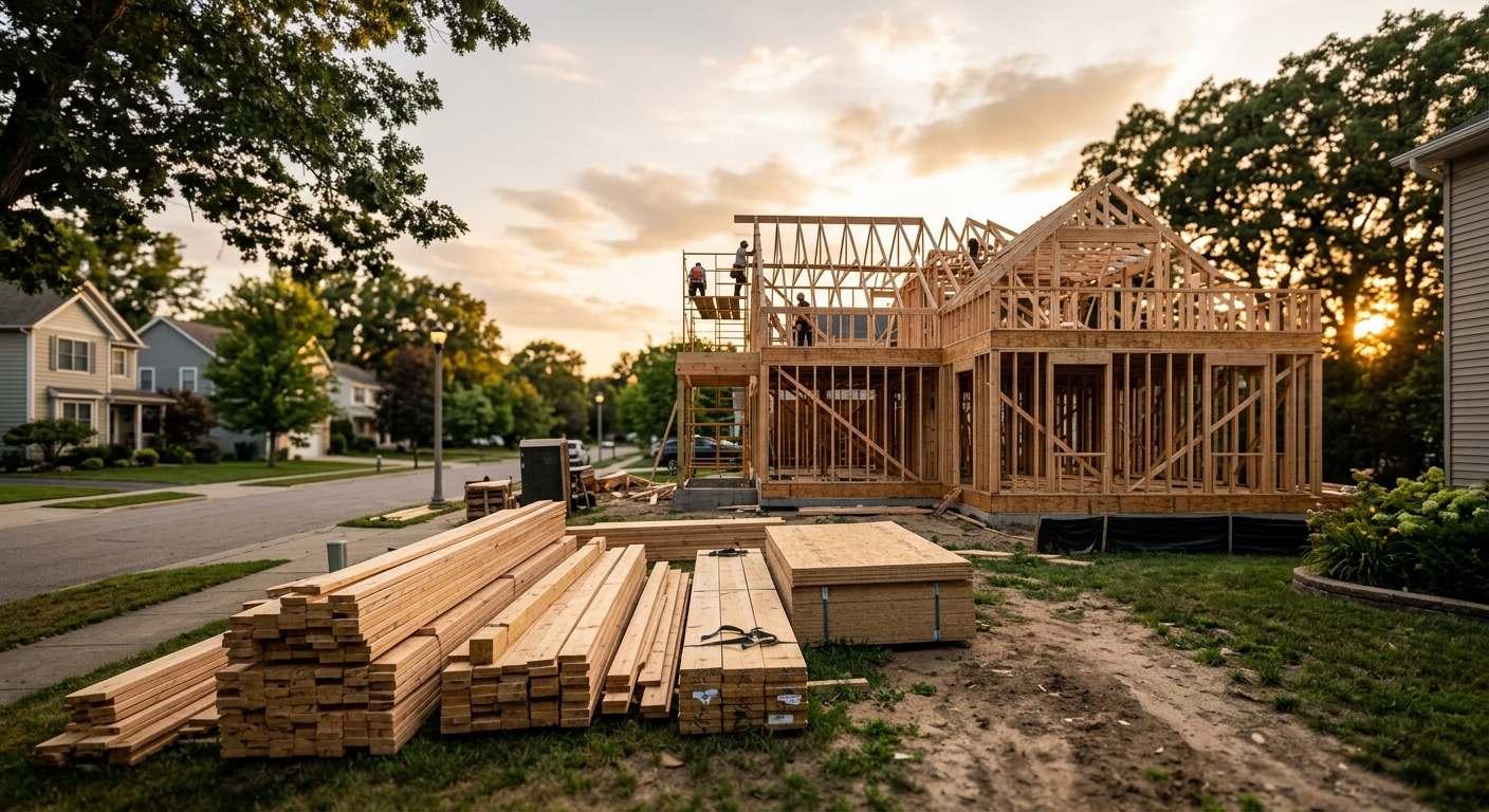 A partially framed house under construction on a suburban street at golden hour.