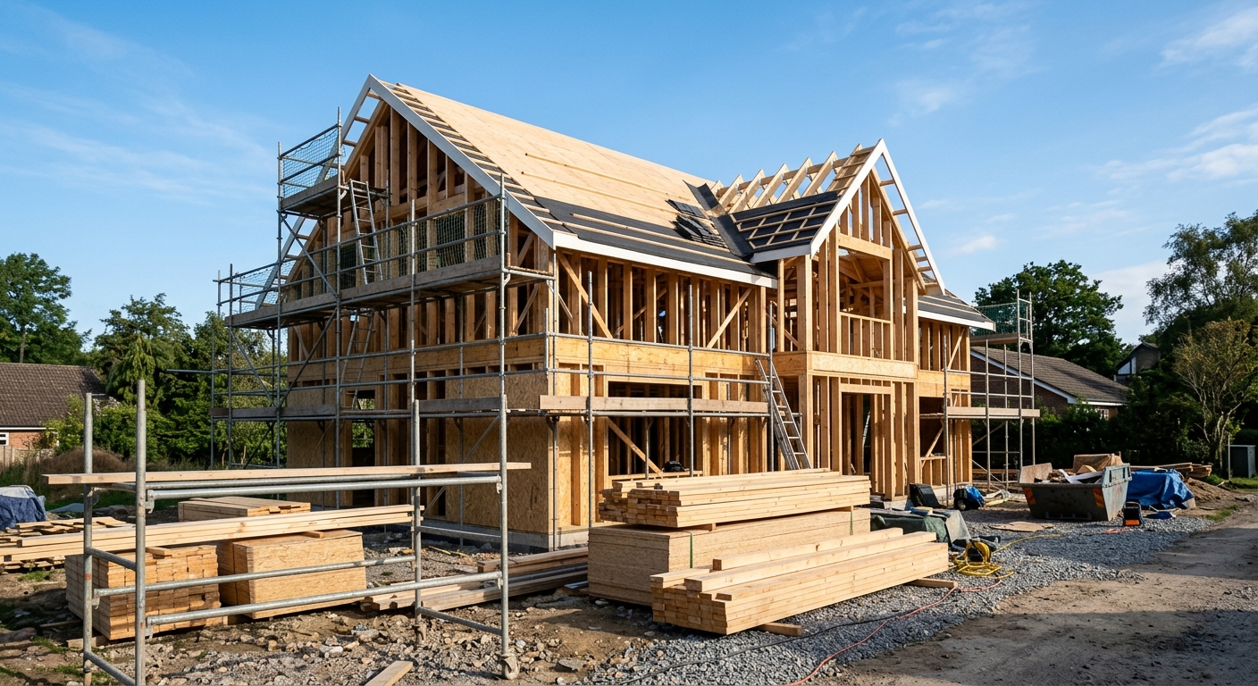 A wood-framed house under construction with scaffolding and stacked lumber on a clear morning.