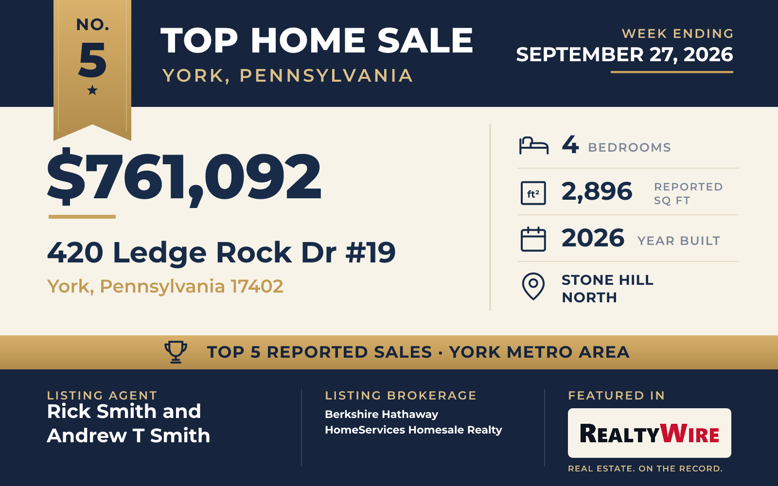 Top home sale No. 5 in the York, Pennsylvania metro area β 420 Ledge Rock Dr #19, York, Pennsylvania, week ending September 27, 2026