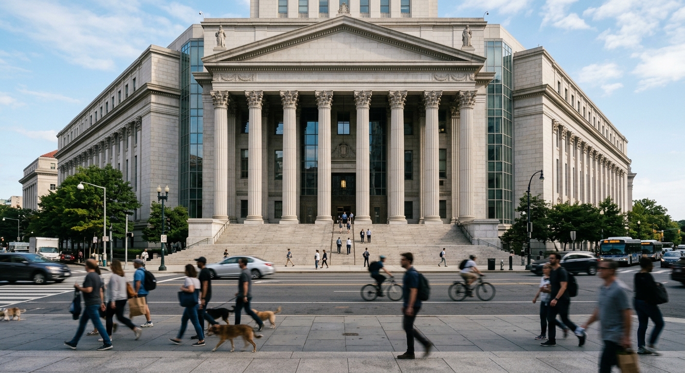 The exterior of a federal courthouse building photographed from the sidewalk on a clear morning.