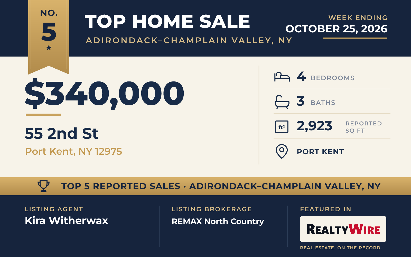 Top home sale No. 5 in Adirondack–Champlain Valley, New York — 55 2nd St, Port Kent, New York, week ending October 25, 2026