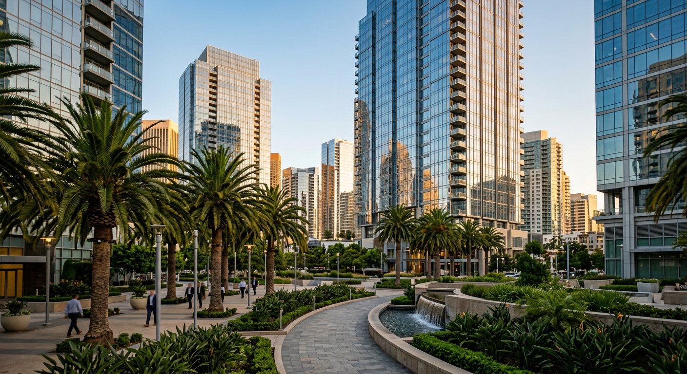 Glass high-rise office towers rising above a landscaped plaza lined with palm trees in a Los Angeles business district at sunset.