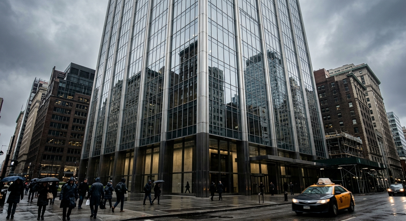 A downtown office tower facade reflecting neighboring buildings on an overcast morning.