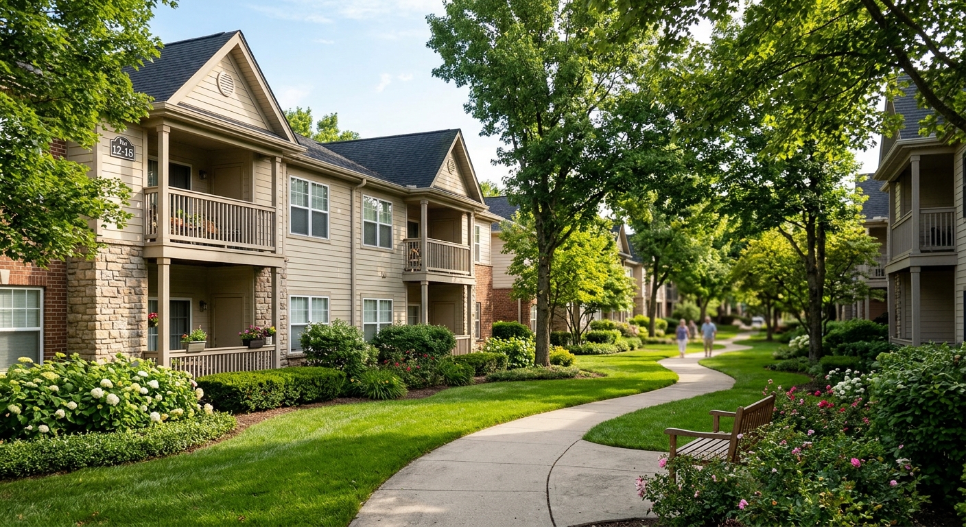 A garden-style apartment community with two-story buildings and tree-lined walkways.