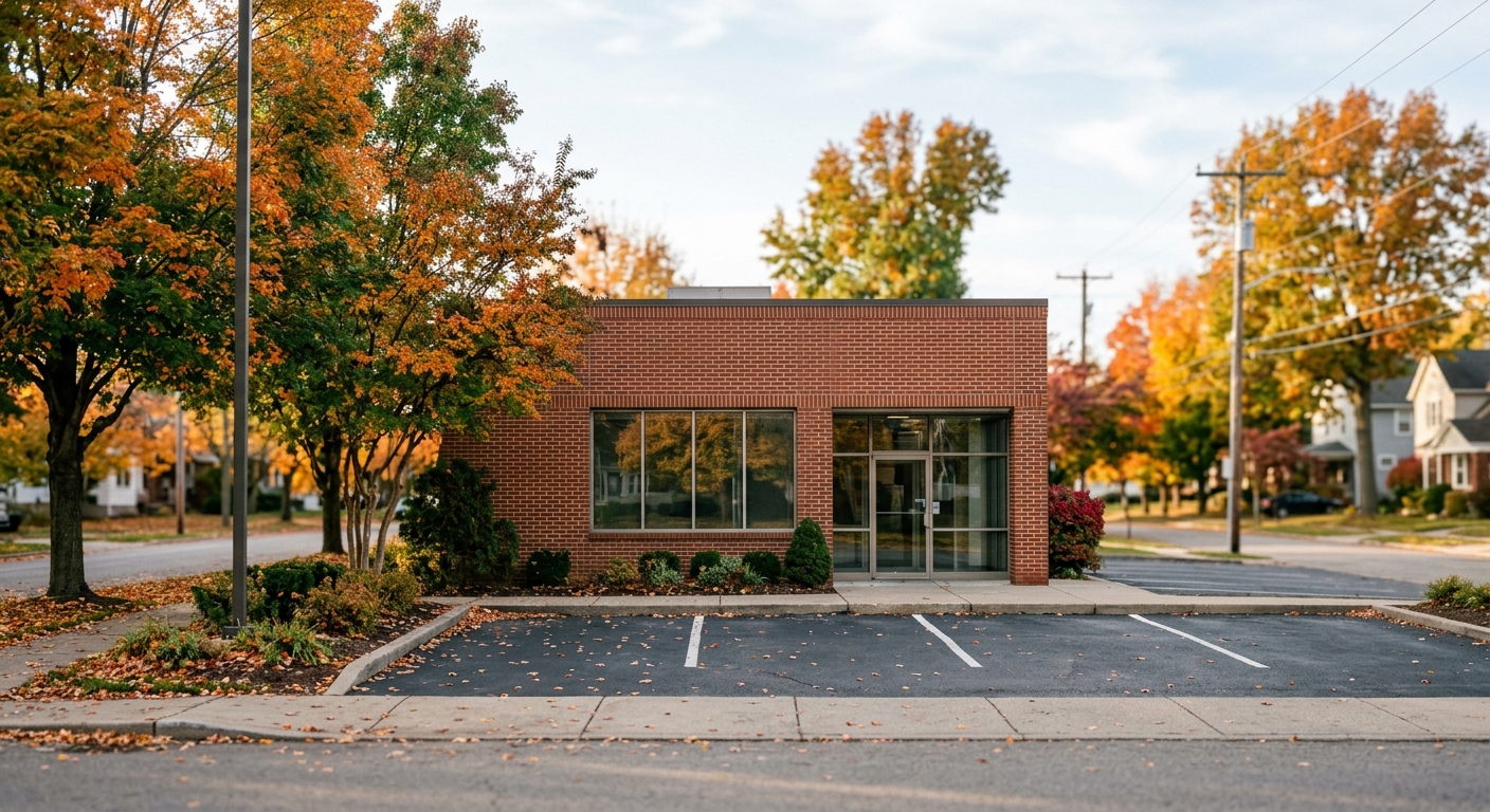 A small brick suburban bank branch on a tree-lined street in morning light.