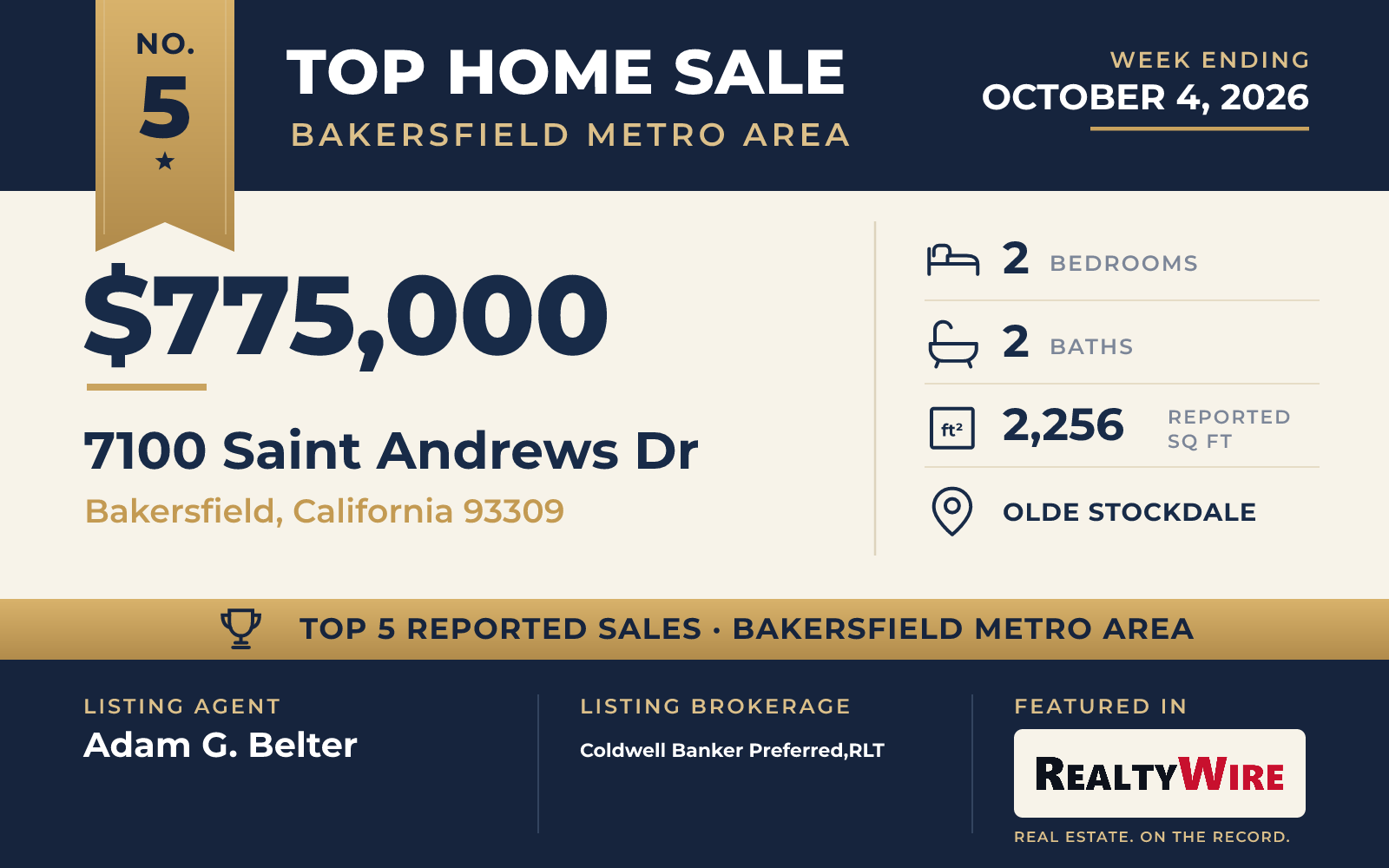 Top home sale No. 5 in the Bakersfield, California metro area — 7100 Saint Andrews Dr, Bakersfield, California, week ending October 4, 2026