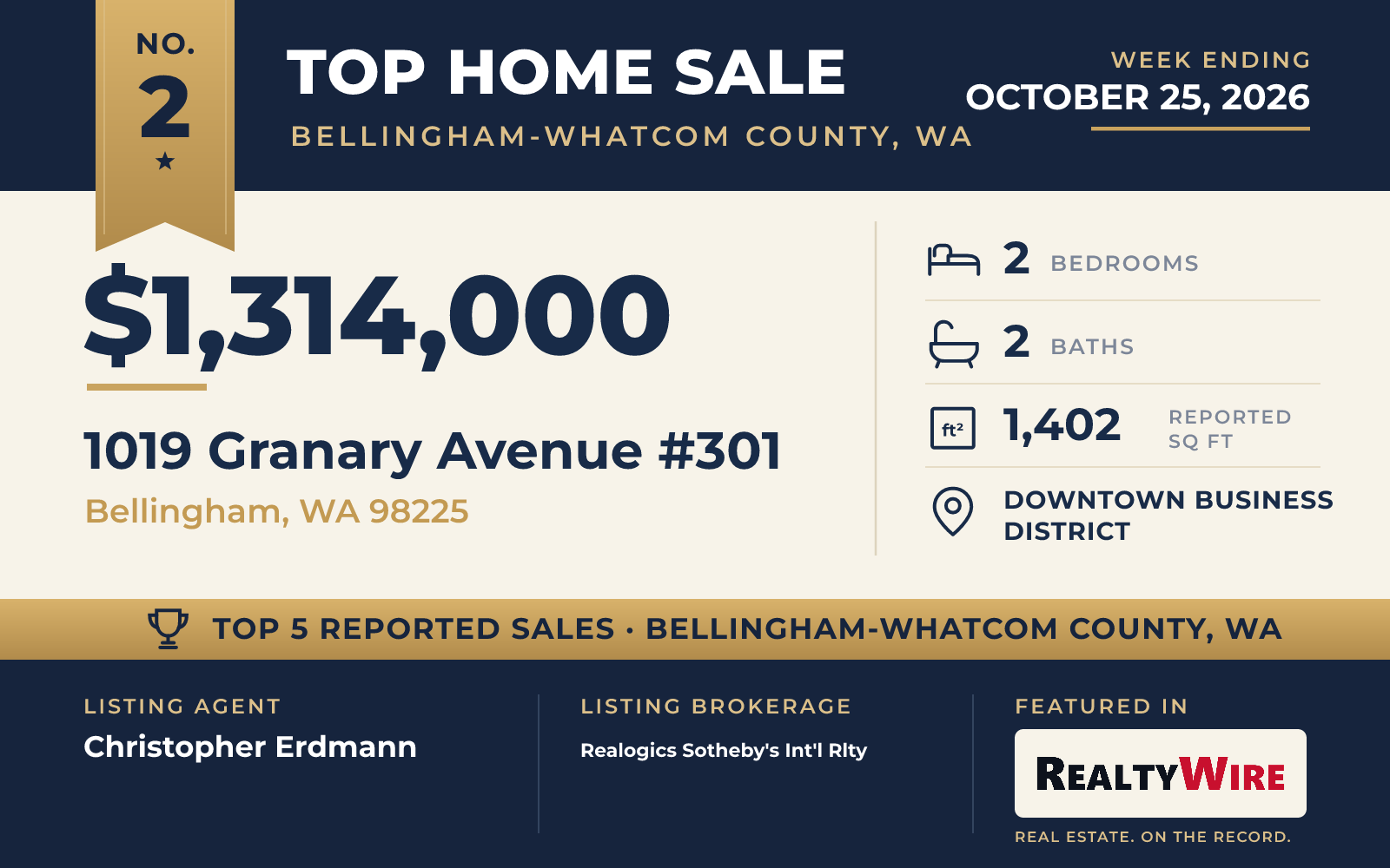 Top home sale No. 2 in Bellingham-Whatcom County, Washington β 1019 Granary Avenue #301, Bellingham, Washington, week ending October 25, 2026