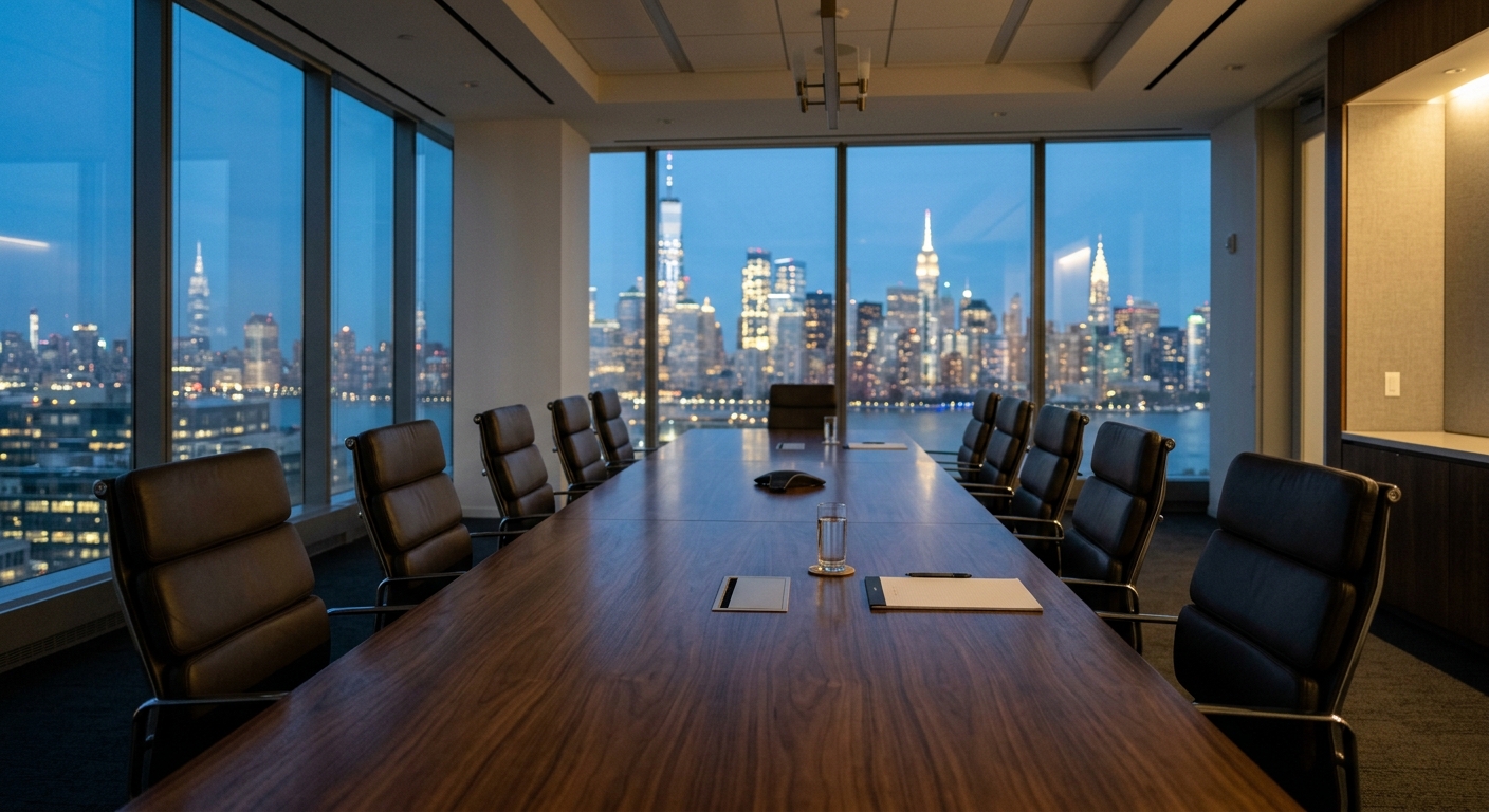 An empty corporate boardroom with a long table overlooking the Manhattan skyline at dusk.