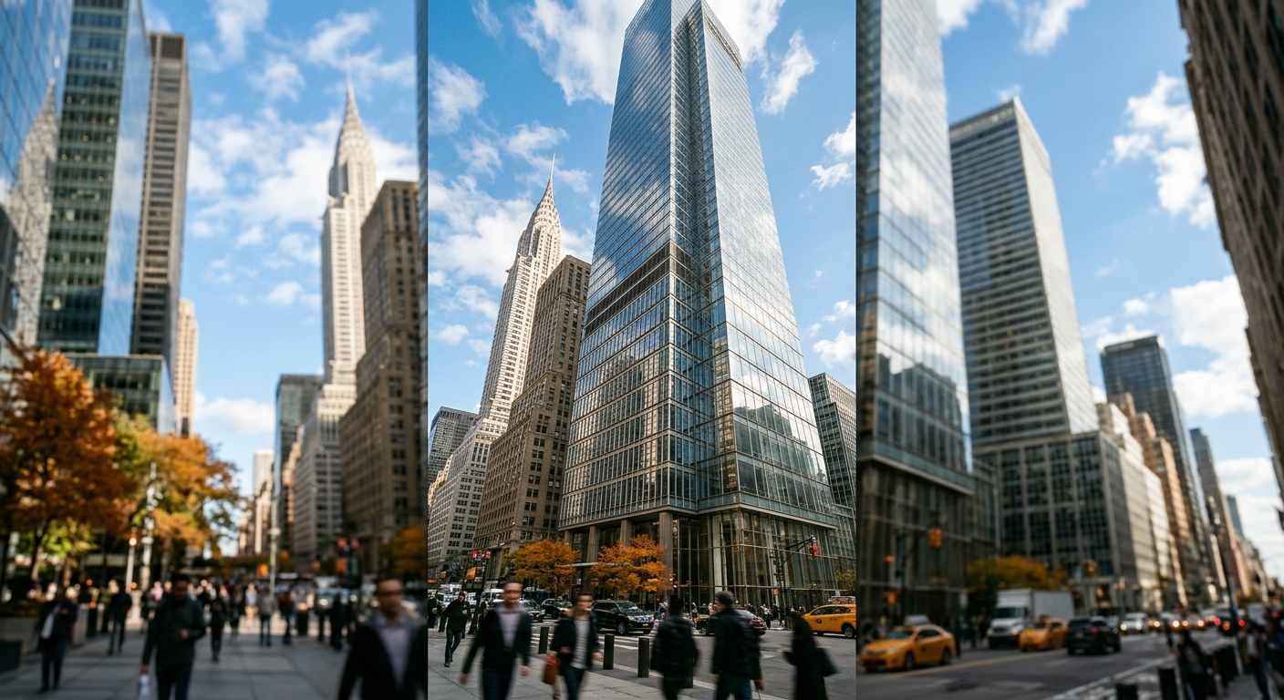 Glass office towers in Midtown Manhattan viewed from street level on a clear afternoon.