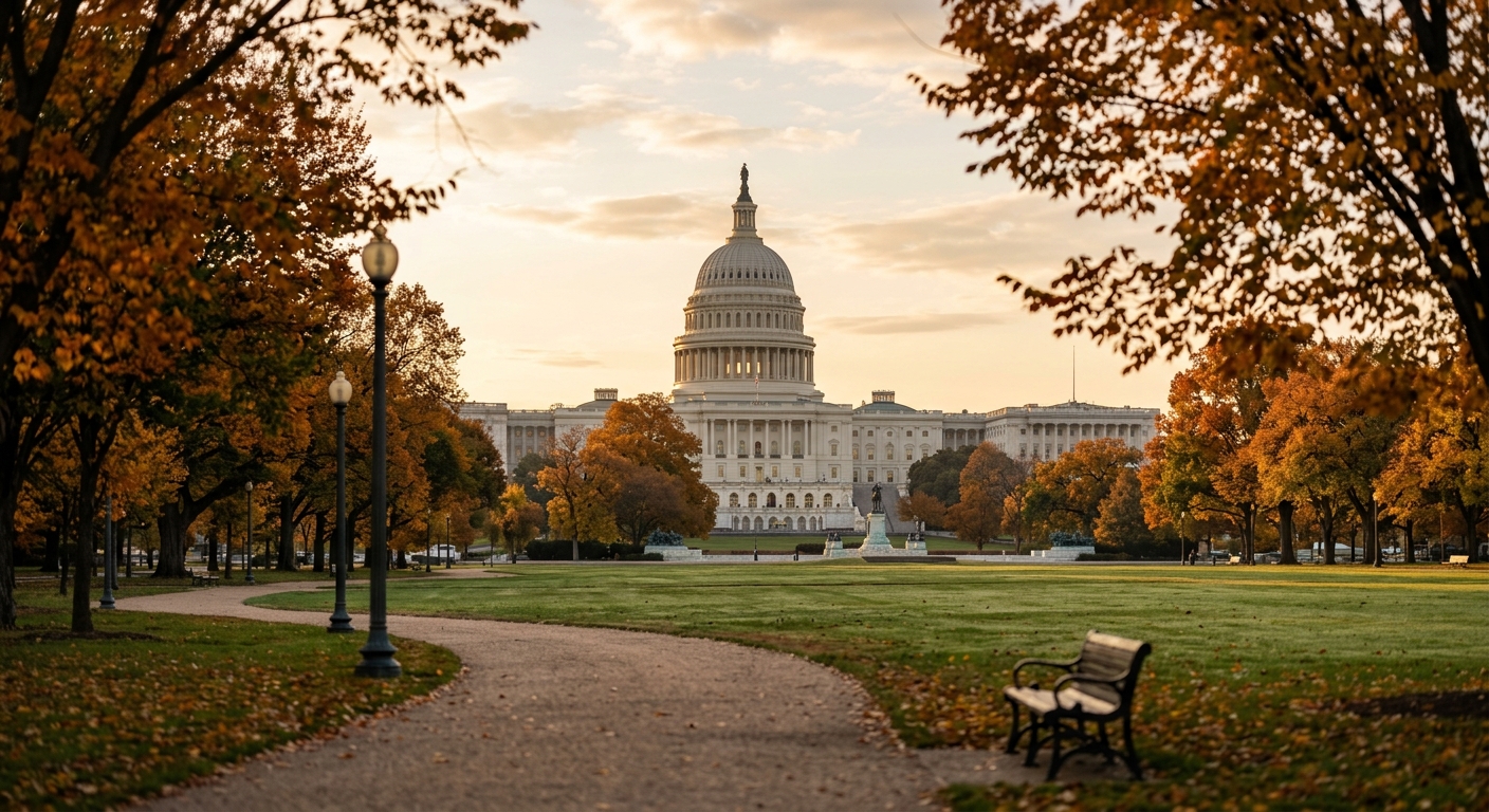 The U.S. Capitol dome in Washington in soft morning light framed by autumn trees.