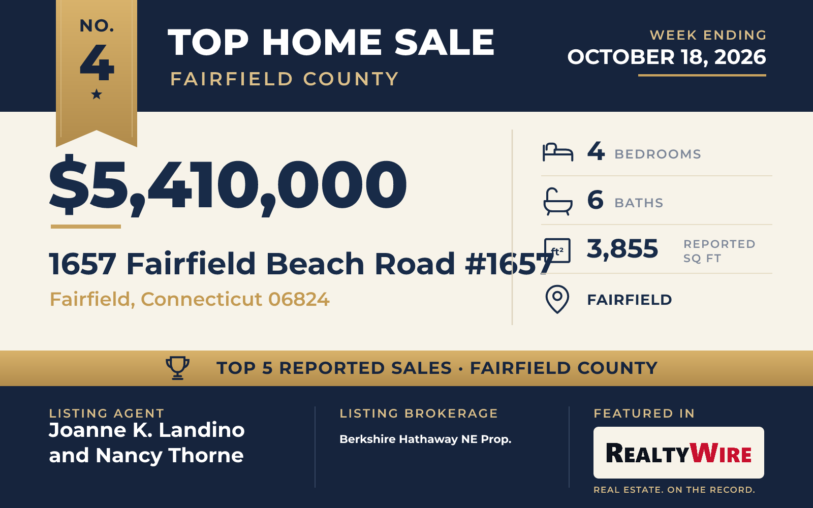 Top home sale No. 4 in Fairfield County β 1657 Fairfield Beach Road #1657, Fairfield, Connecticut, week ending October 18, 2026