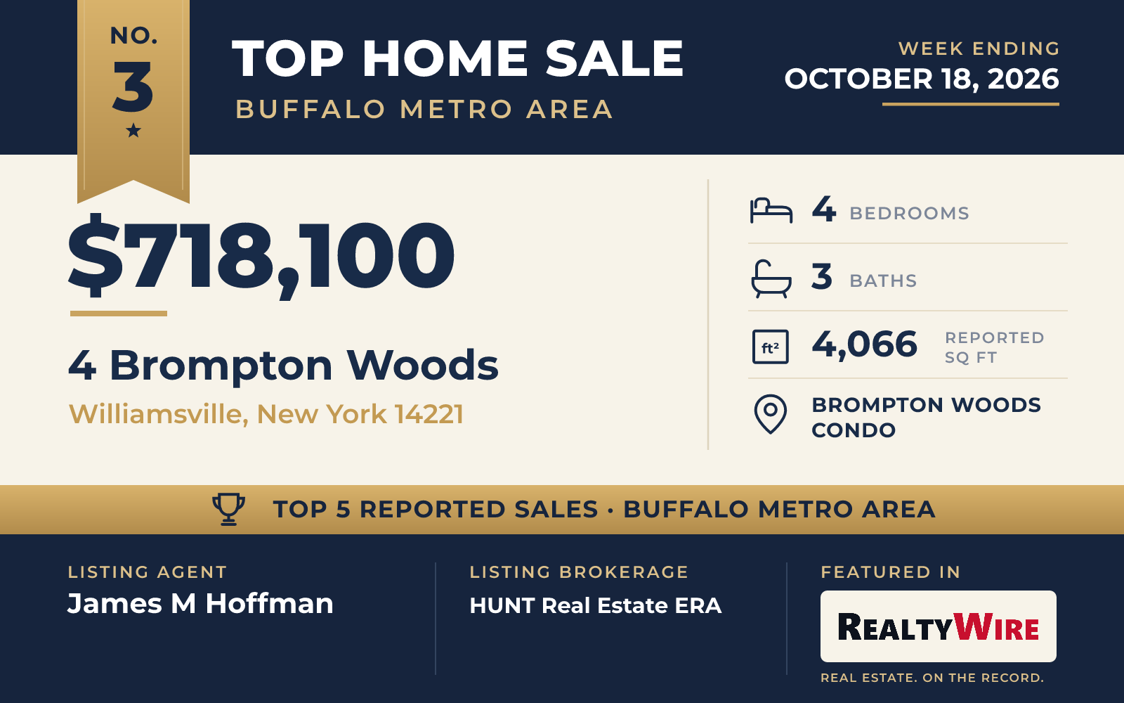 Top home sale No. 3 in the Buffalo metro area — 4 Brompton Woods, Williamsville, New York, week ending October 18, 2026