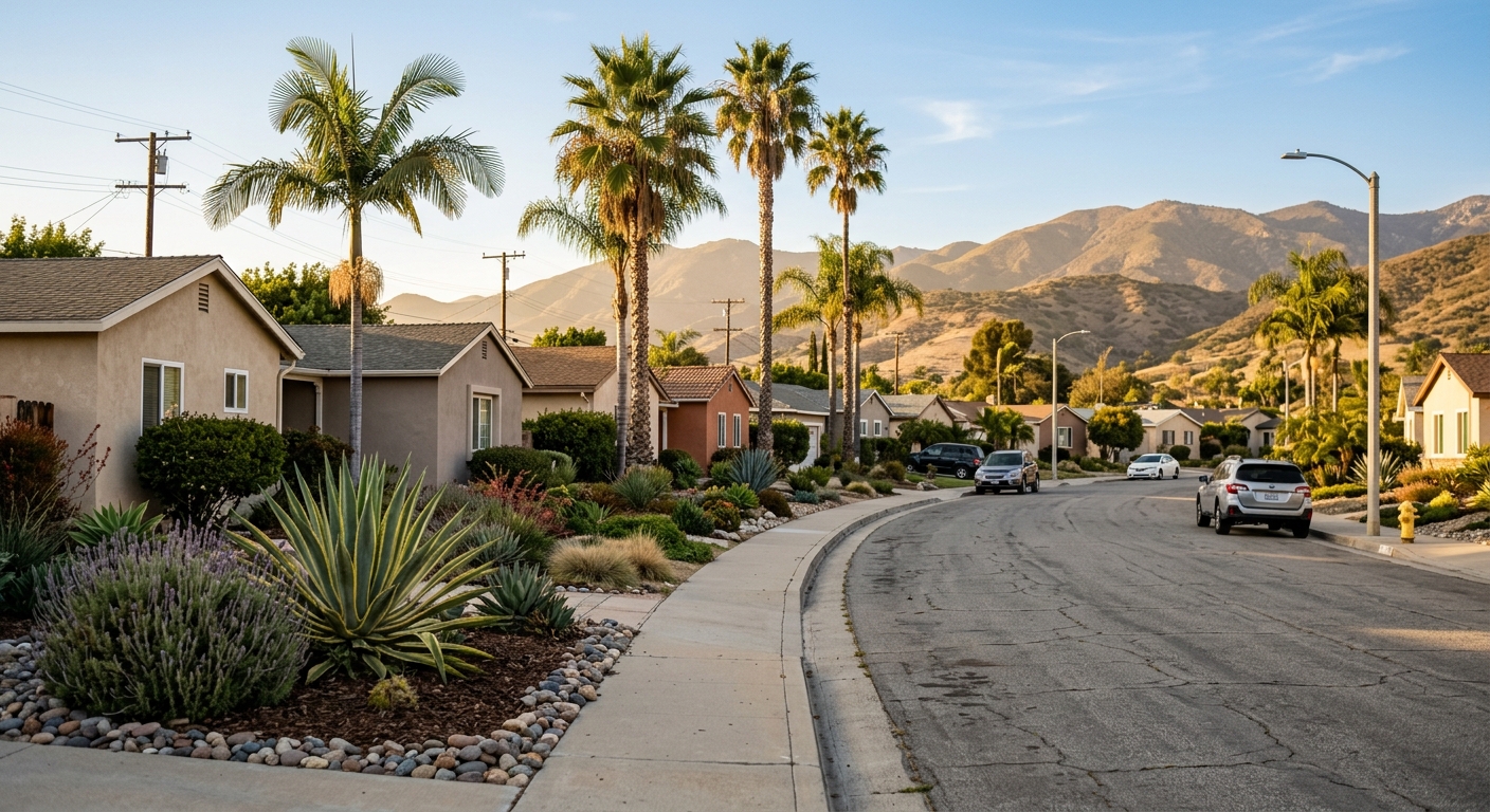 A Southern California residential street of stucco homes and palm trees in late-afternoon light.