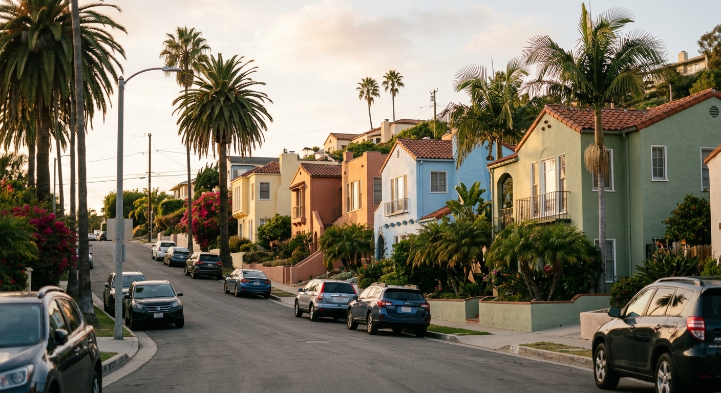 A hillside street of stucco single-family homes with tile roofs and palm trees in a Southern California suburb in late afternoon light.