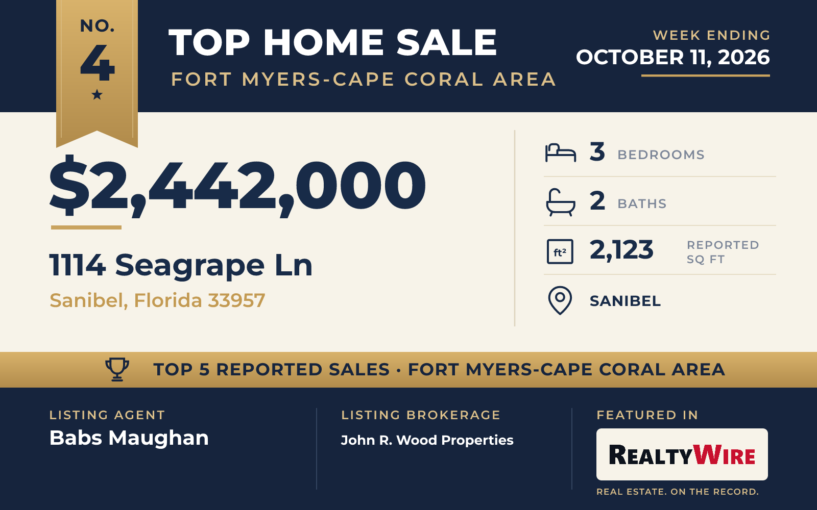 Top home sale No. 4 in the Fort Myers-Cape Coral area — 1114 Seagrape Ln, Sanibel, Florida, week ending October 11, 2026