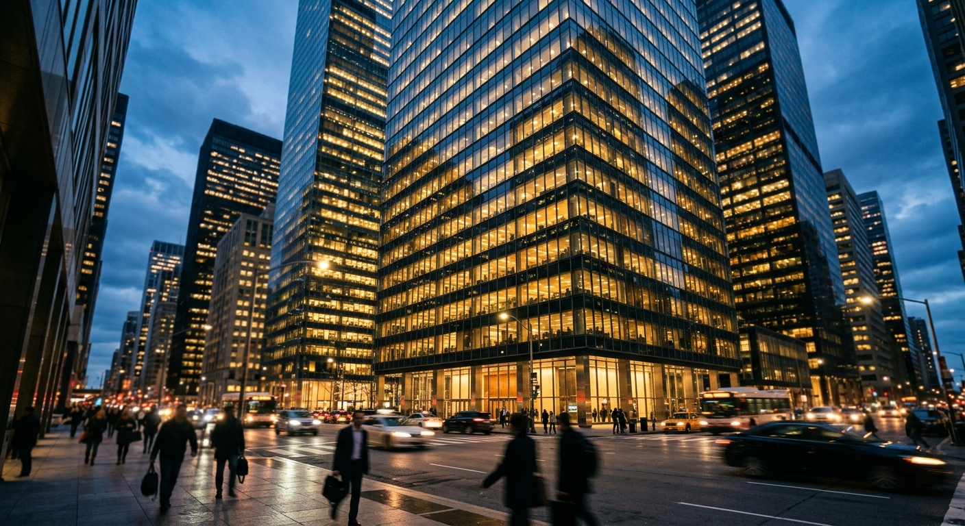 Glass office towers in a downtown financial district seen from street level at dusk.
