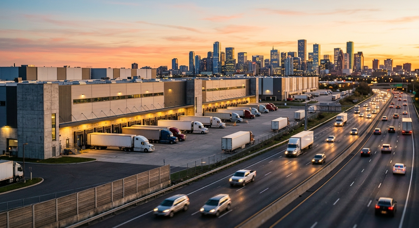 A modern warehouse complex with loading docks near a highway, with office towers in the distance.