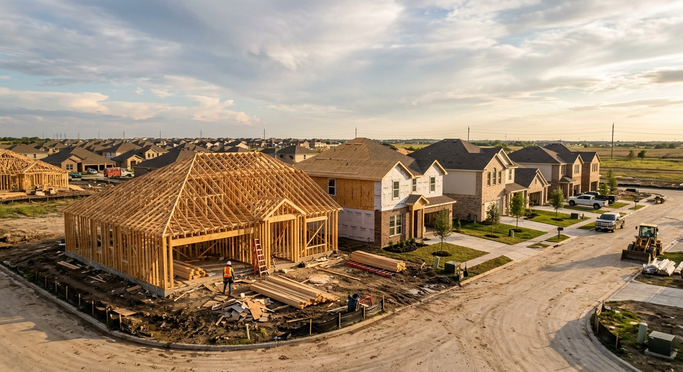 New single-family houses in various stages of construction across a wide suburban subdivision under a big open sky.