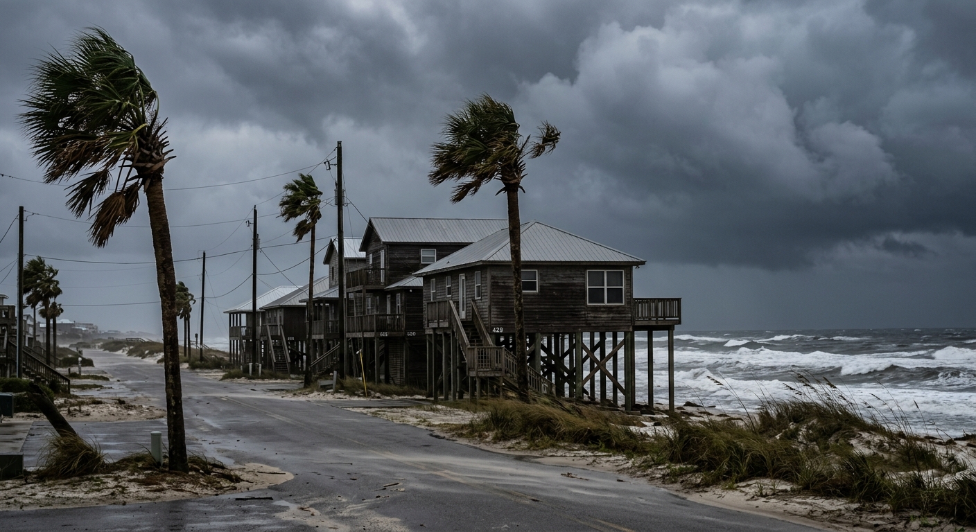 Raised beach houses along an empty Florida Gulf Coast street beneath dark storm clouds as wind bends nearby palm trees.