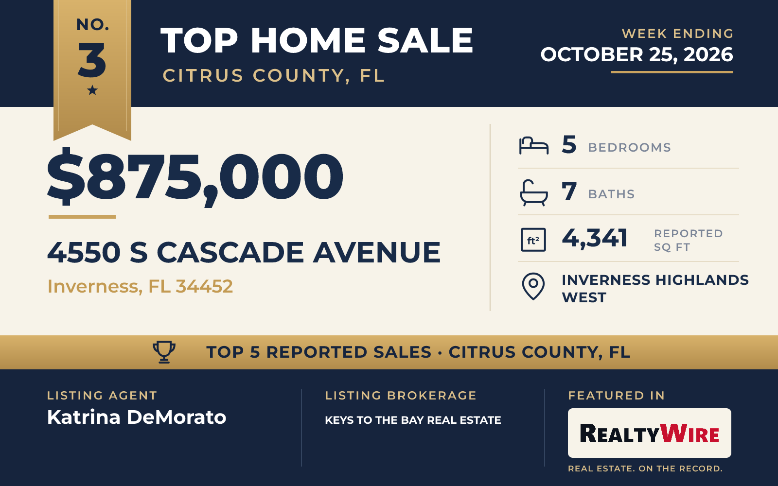Top home sale No. 3 in Citrus County, Florida — 4550 S Cascade Avenue, Inverness, Florida, week ending October 25, 2026