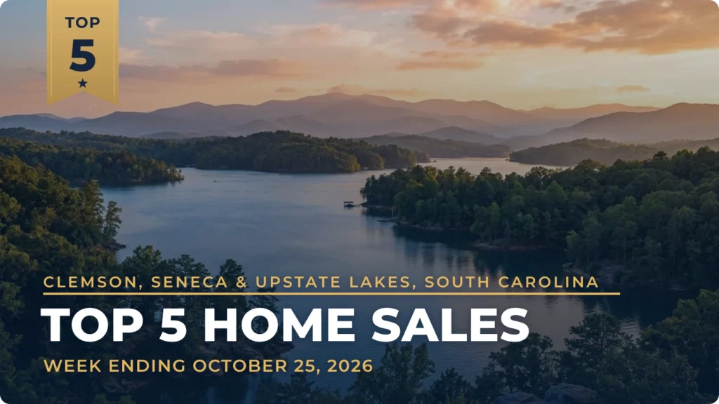 Clemson, Seneca & Upstate Lakes, South Carolina Top 5 Home Sales: A $2.2 Million Seneca Home Leads Sales From Salem to Central