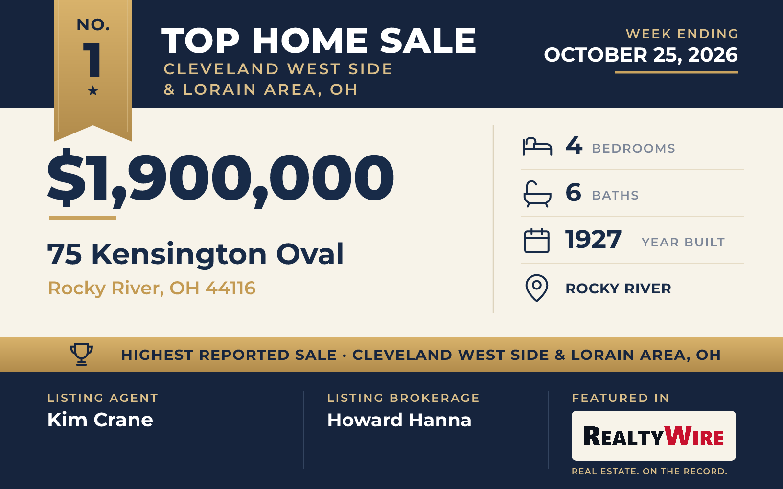 Top home sale No. 1 in Cleveland West Side & Lorain Area, Ohio — 75 Kensington Oval, Rocky River, Ohio, week ending October 25, 2026